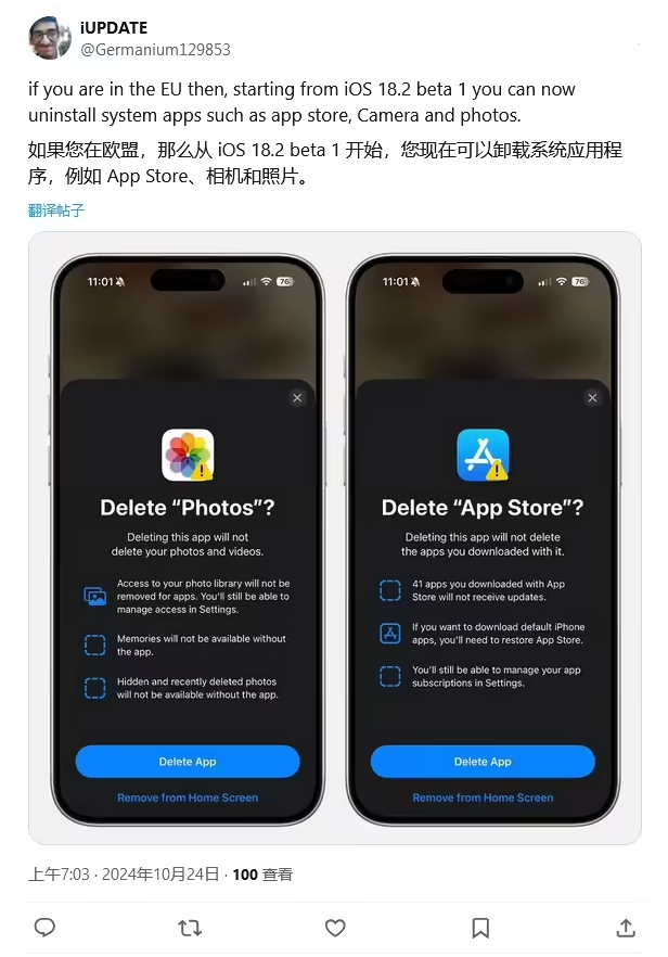 滨江苹果手机维修分享iOS 18.2 支持删除 App Store 应用商店 