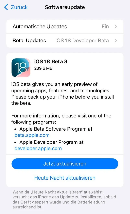 滨江苹果手机维修分享苹果 iOS / iPadOS 18 开发者预览版 Beta 8 发布 